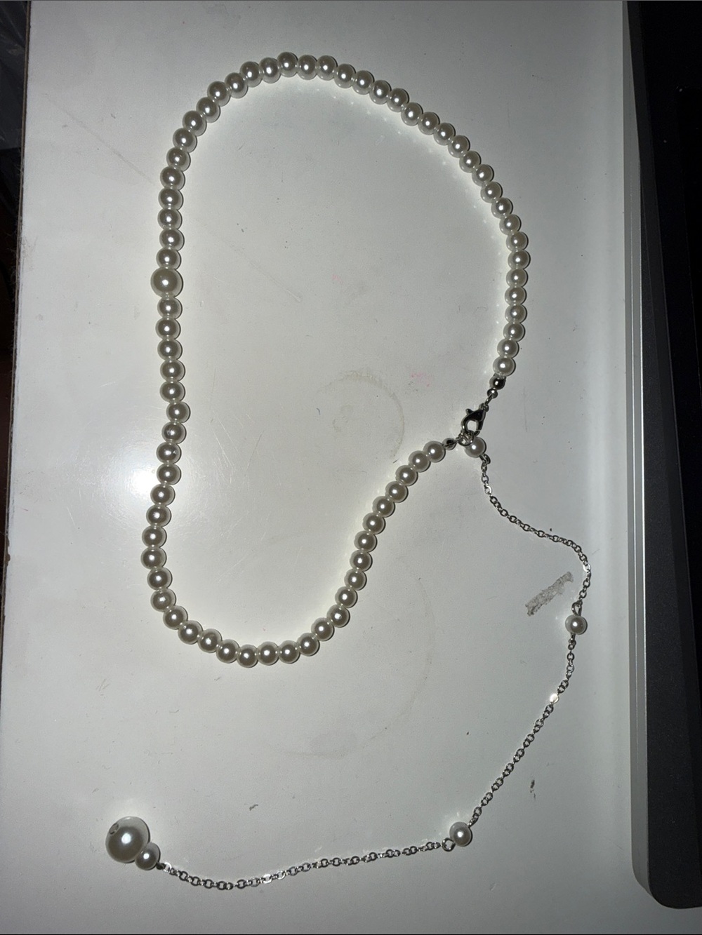 Classic Pearl Necklace with Drop Pearl Accent - White